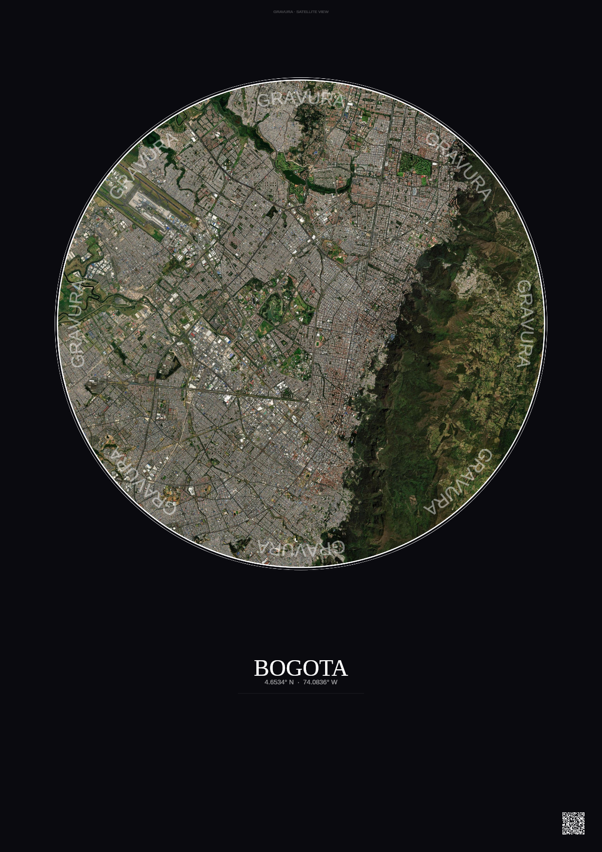Affiche Bogota – Poster vue satellite | Gravura – Fond foncé