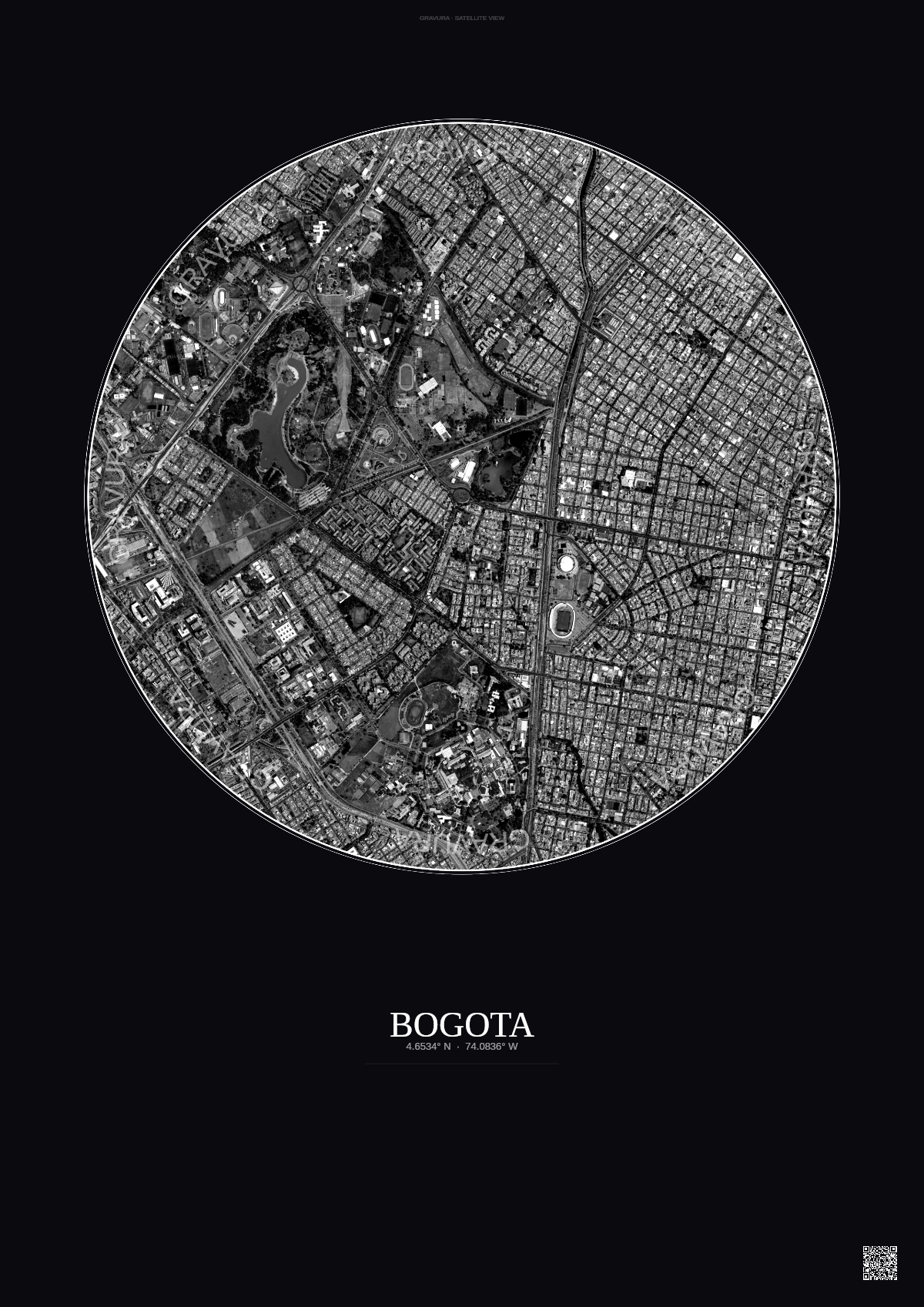 Affiche Bogota – Poster vue satellite | Gravura – Fond foncé