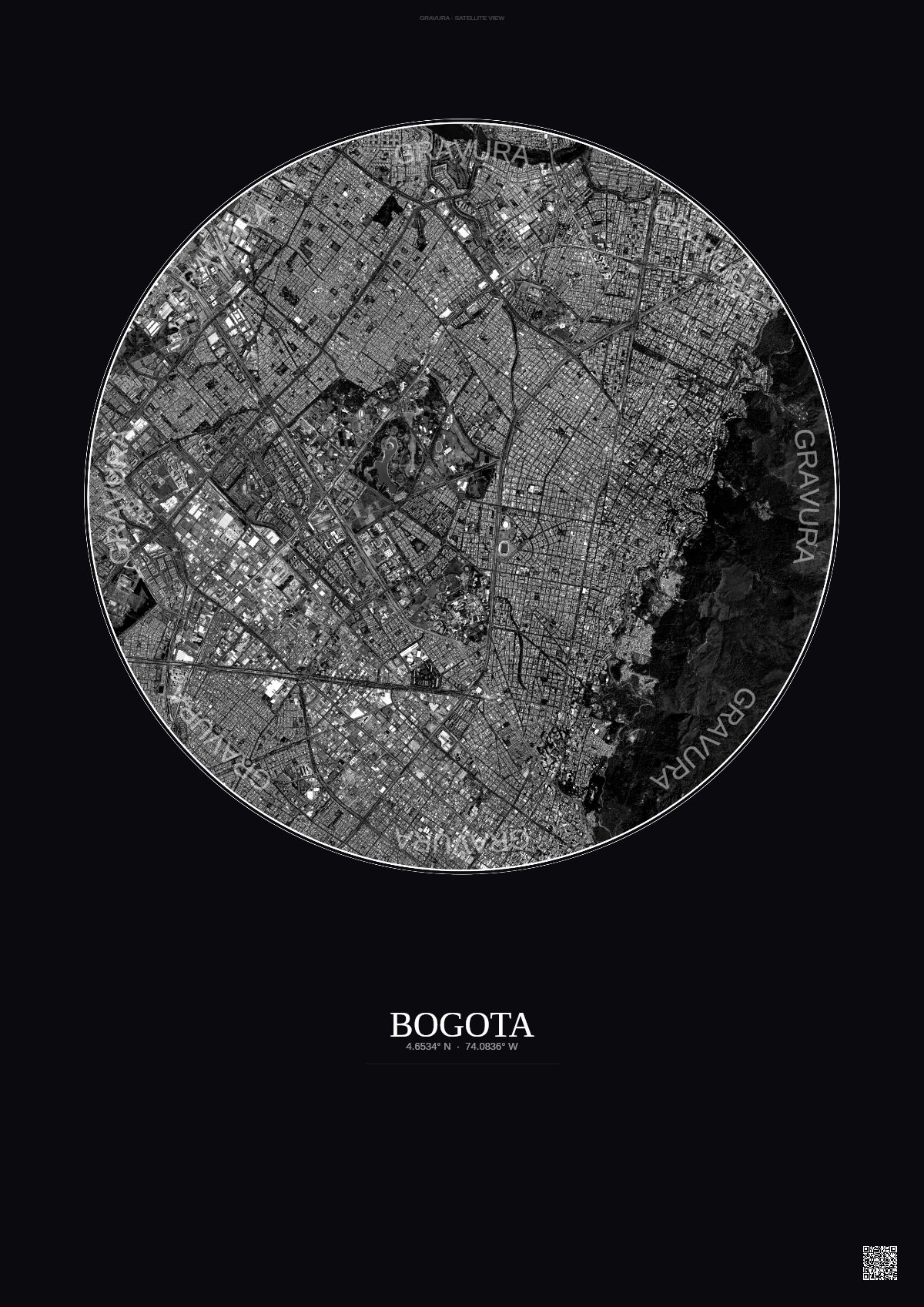 Affiche Bogota – Poster vue satellite | Gravura – Fond foncé