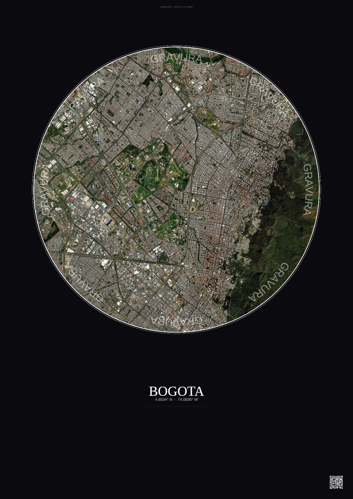 Affiche Bogota – Poster vue satellite | Gravura – Fond foncé