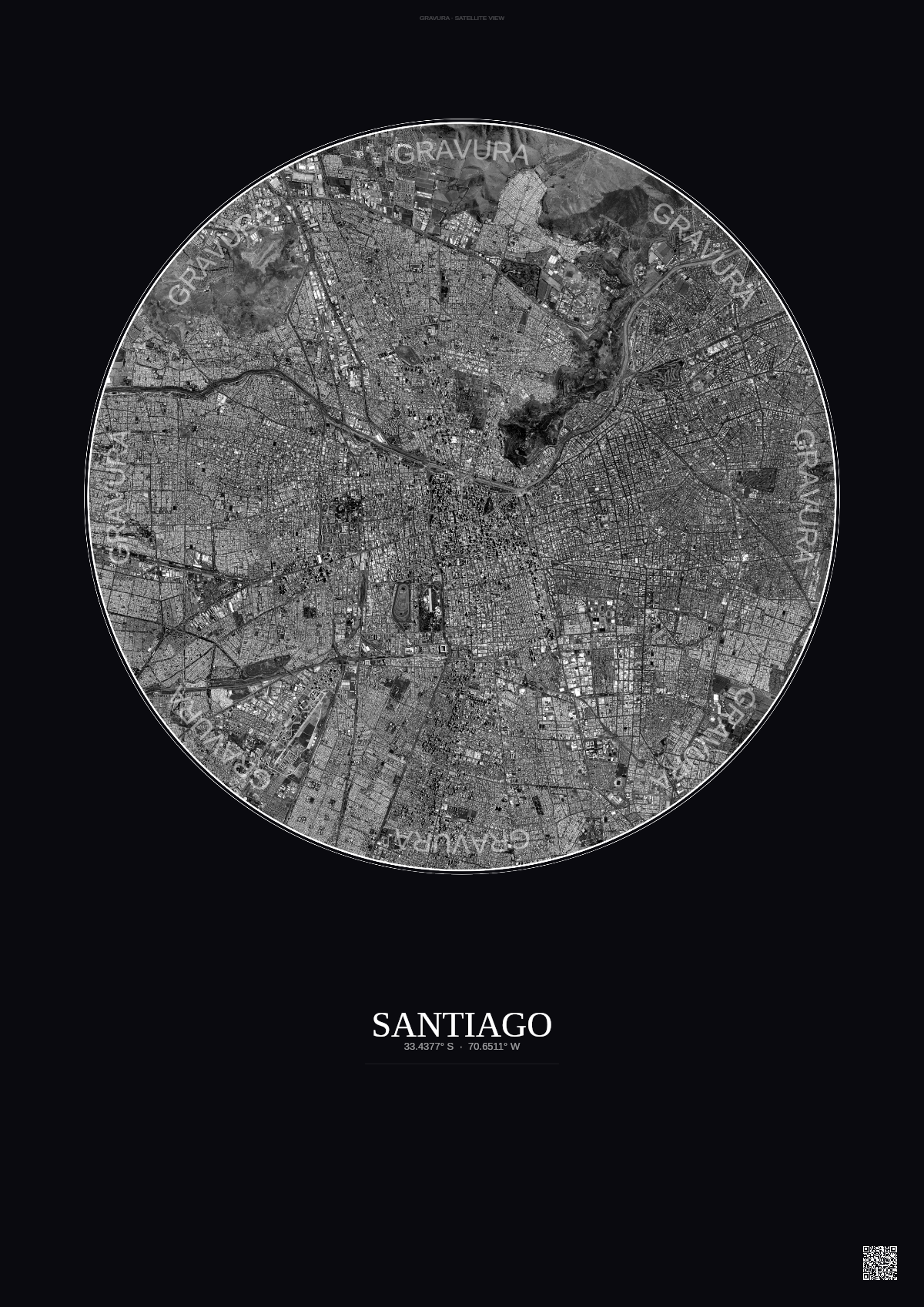 Affiche Santiago – Poster vue satellite | Gravura – Fond foncé