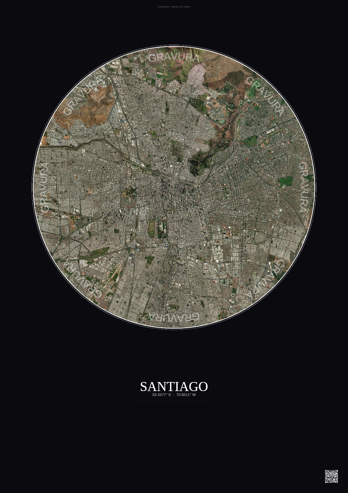 Affiche Santiago – Poster vue satellite | Gravura – Fond foncé