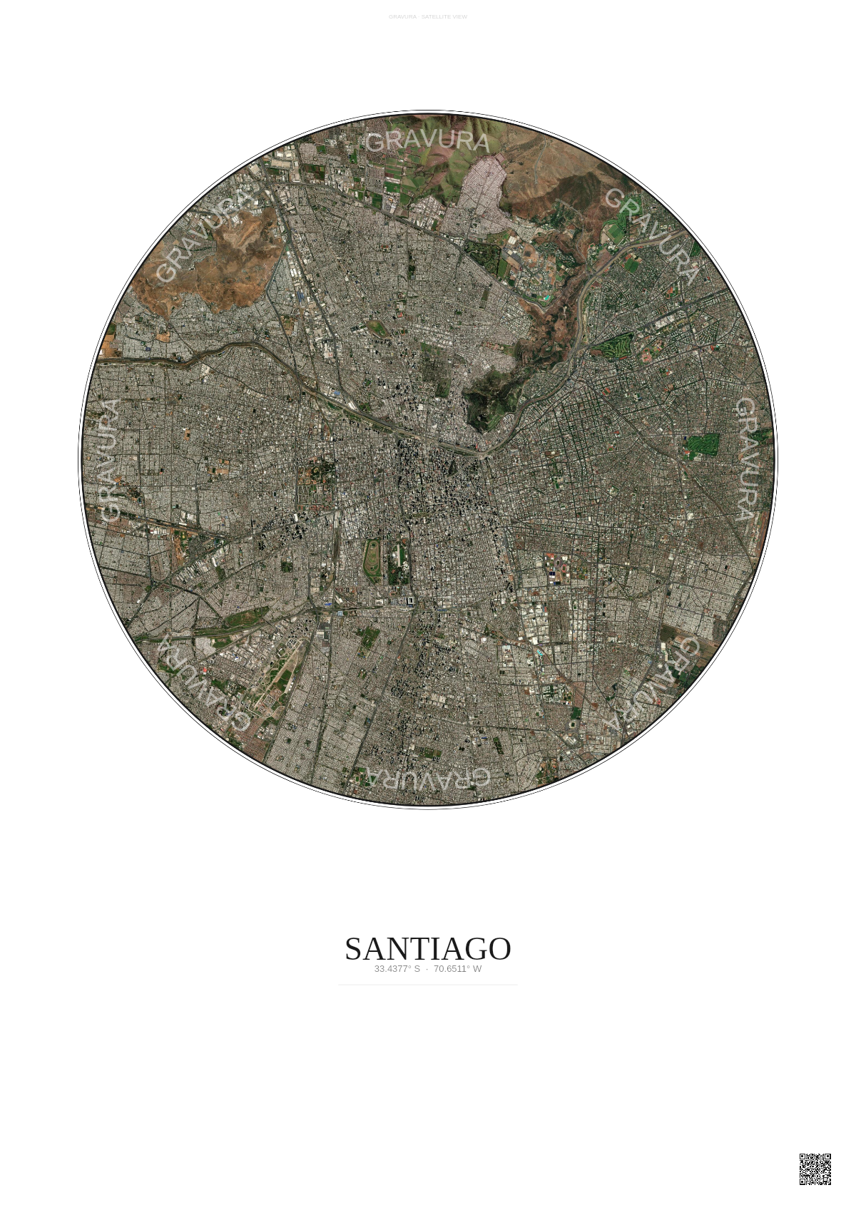 Affiche Santiago – Poster vue satellite | Gravura – Fond clair