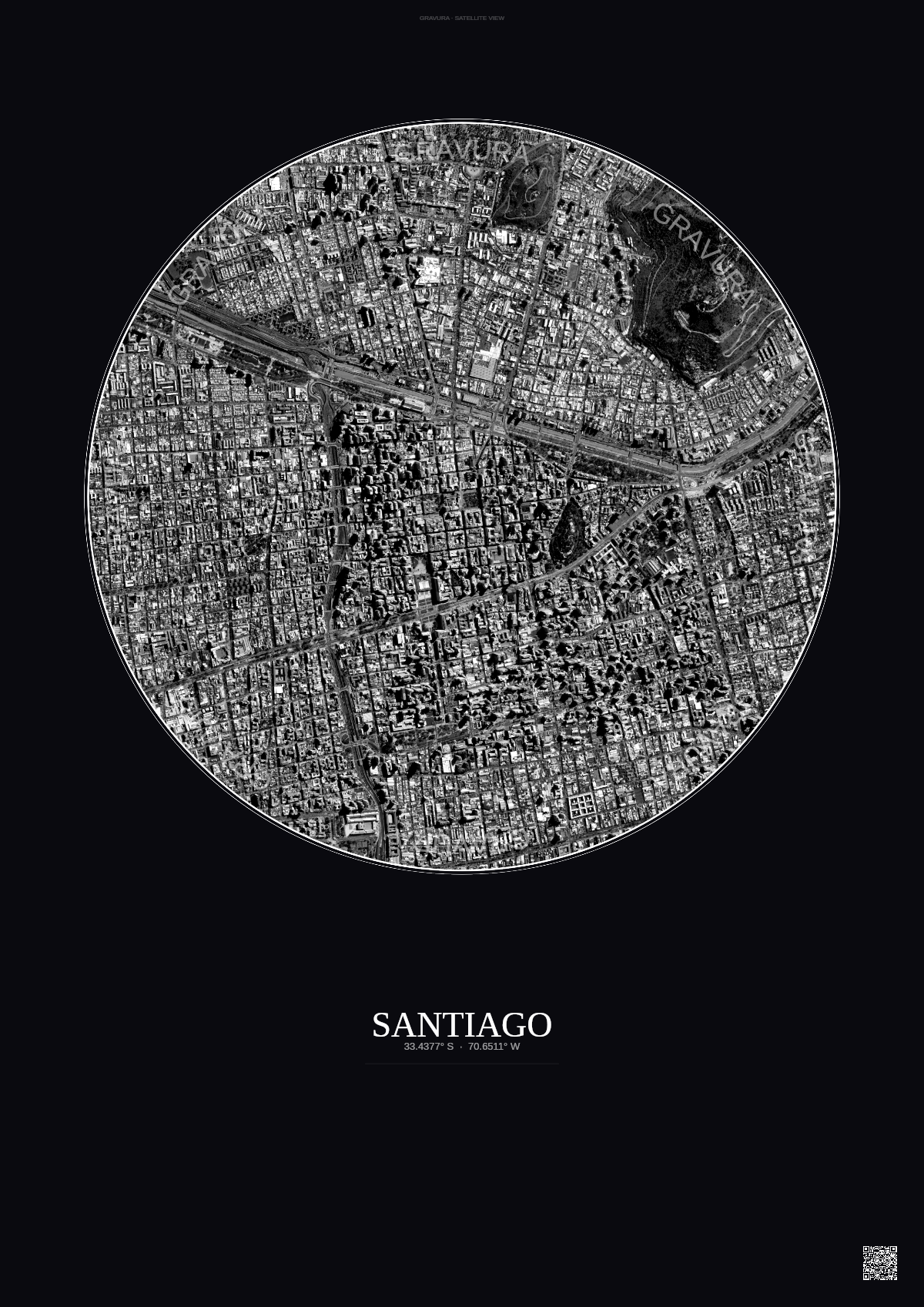 Affiche Santiago – Poster vue satellite | Gravura – Fond foncé
