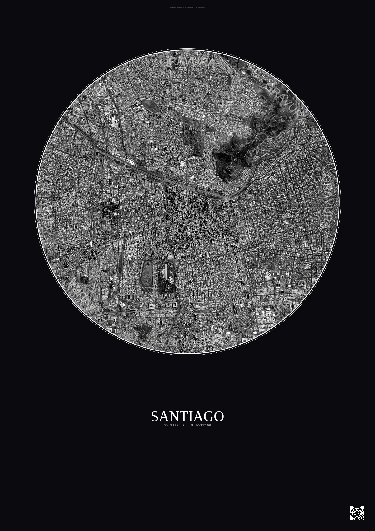 Affiche Santiago – Poster vue satellite | Gravura – Fond foncé