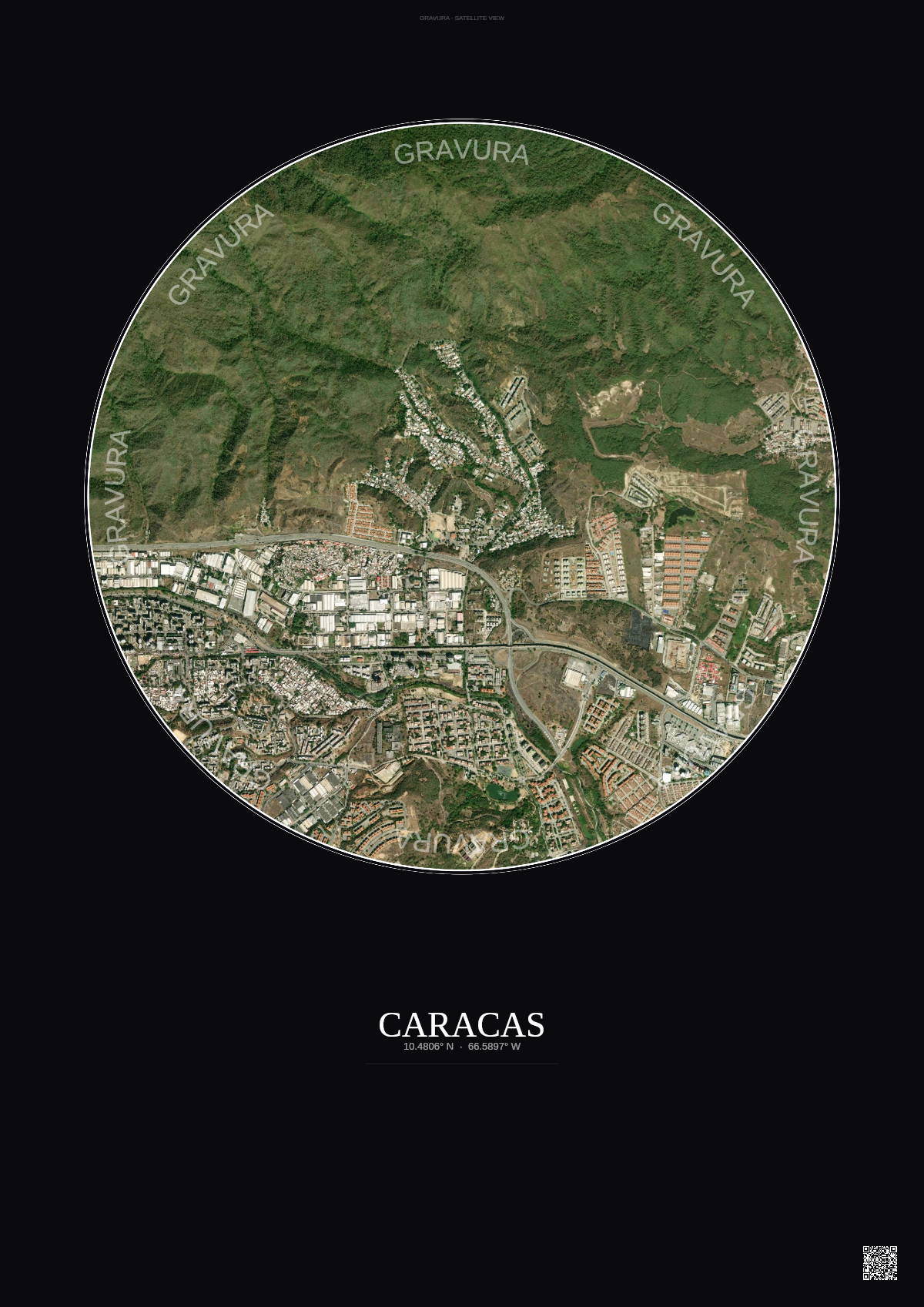 Affiche Caracas – Poster vue satellite | Gravura – Fond foncé