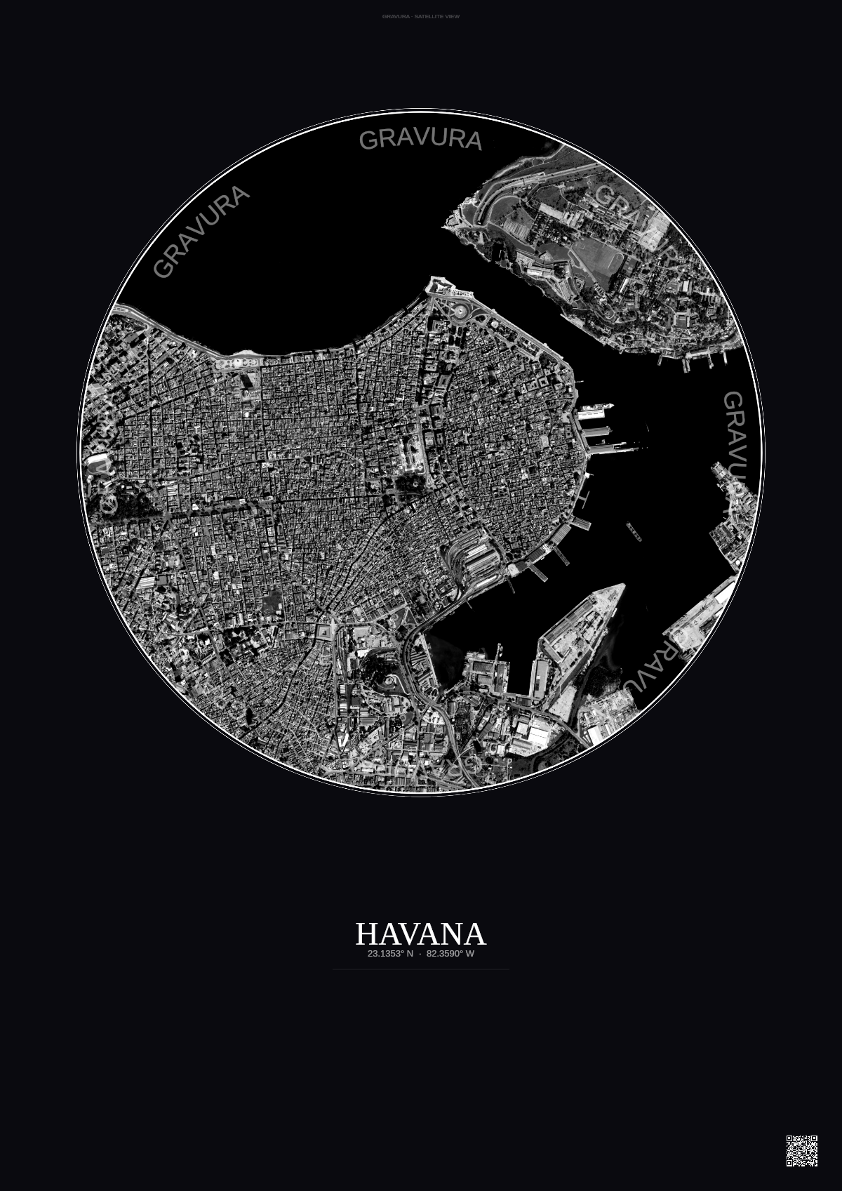 Affiche Havana – Poster vue satellite | Gravura – Fond foncé