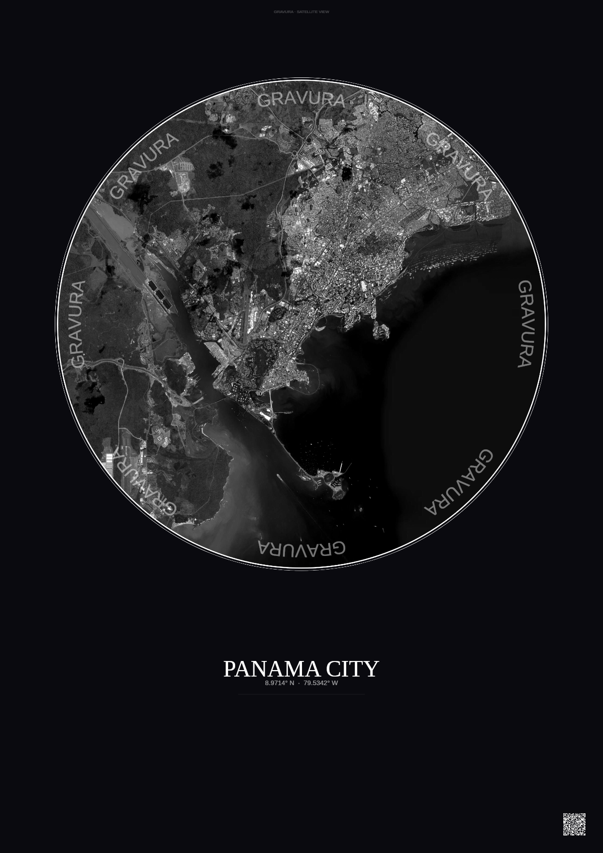 Affiche Panama City – Poster vue satellite | Gravura – Fond foncé