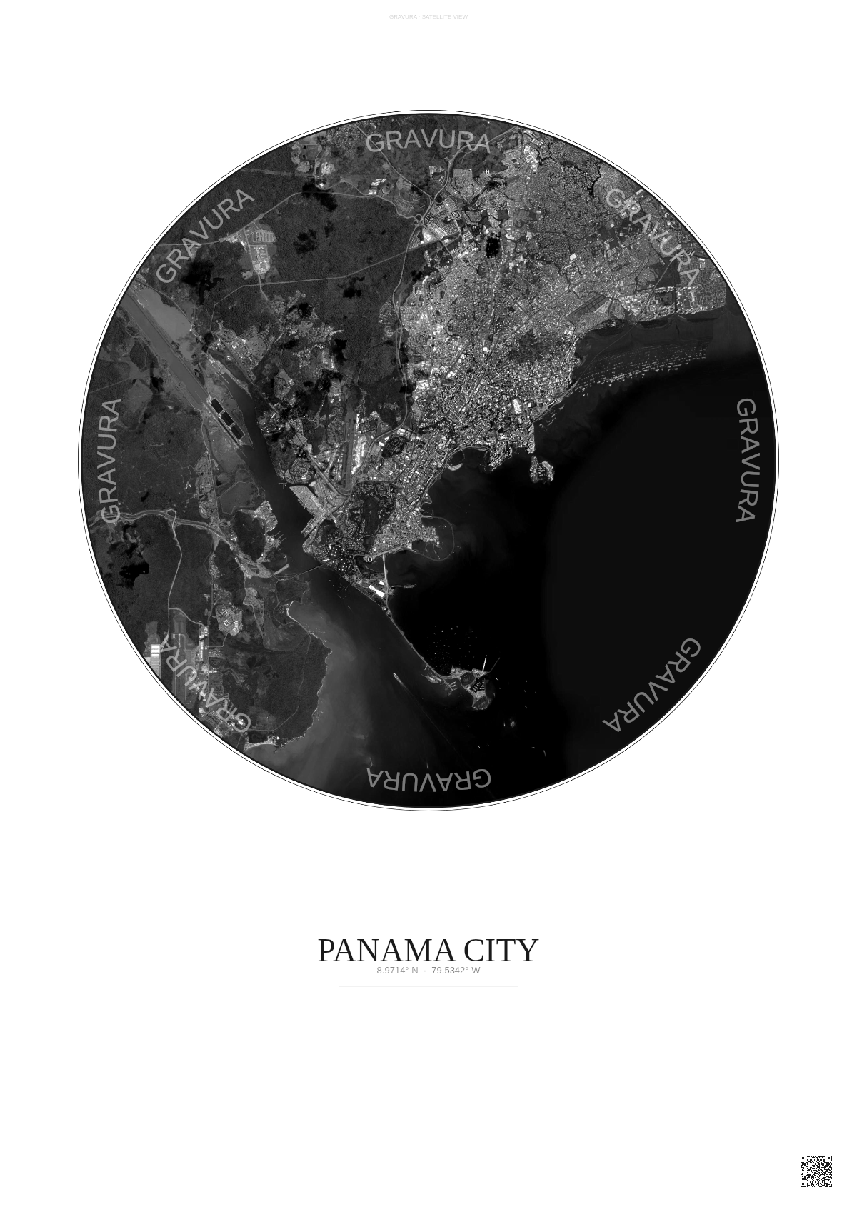 Affiche Panama City – Poster vue satellite | Gravura – Fond clair