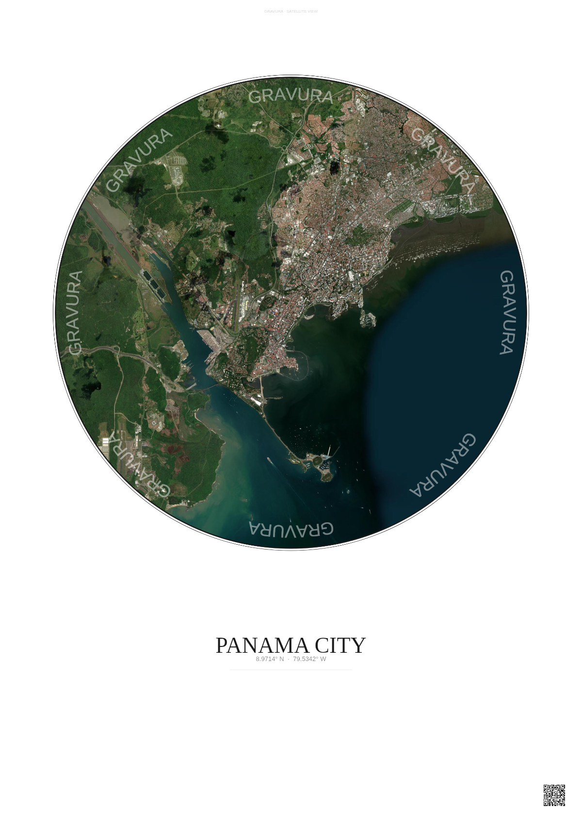 Affiche Panama City – Poster vue satellite | Gravura – Fond clair
