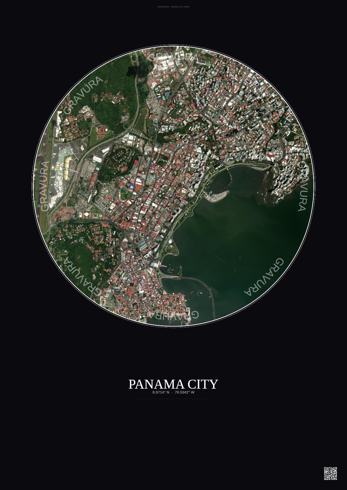 Affiche Panama City – Poster vue satellite | Gravura – Fond foncé