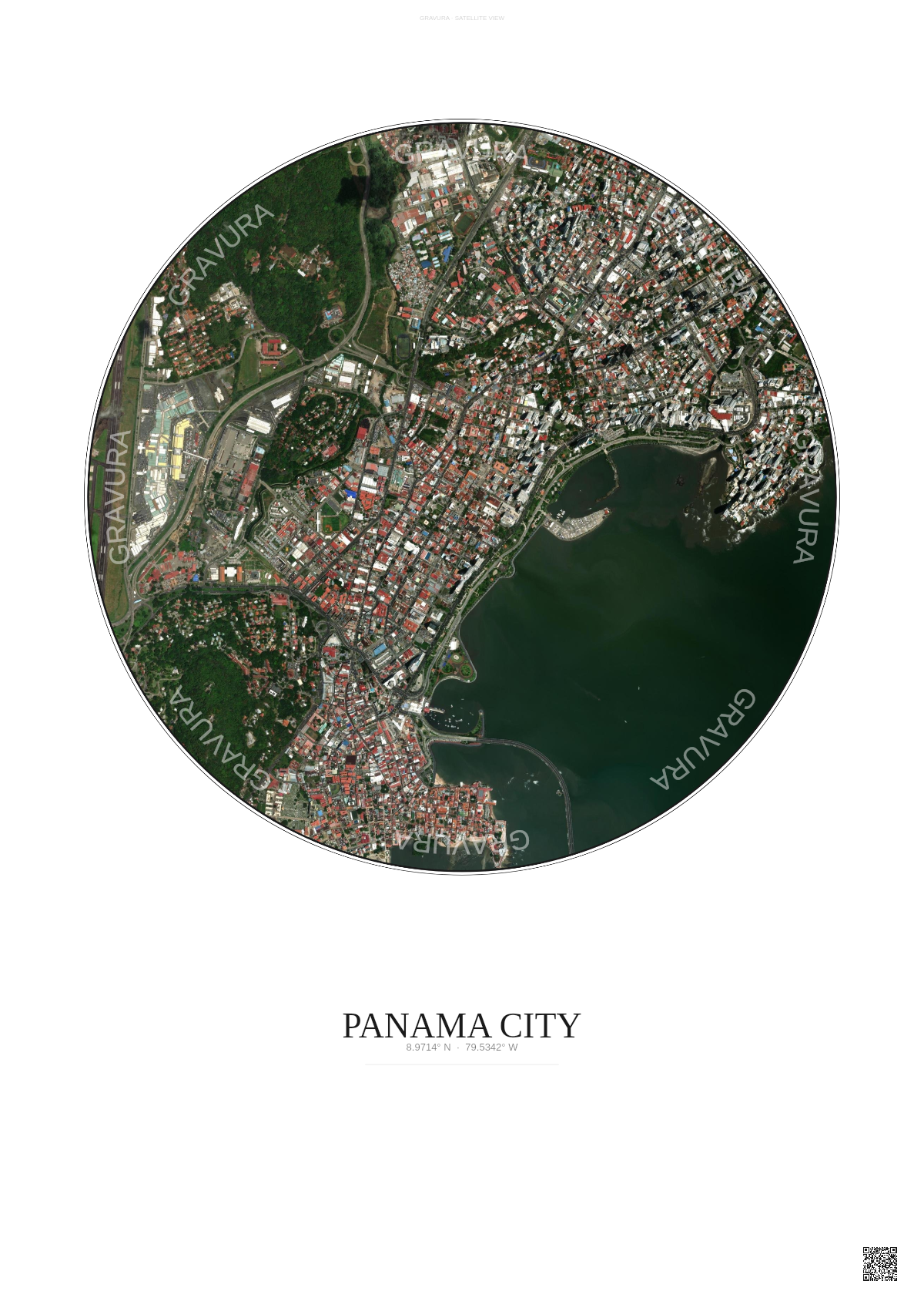 Affiche Panama City – Poster vue satellite | Gravura – Fond clair