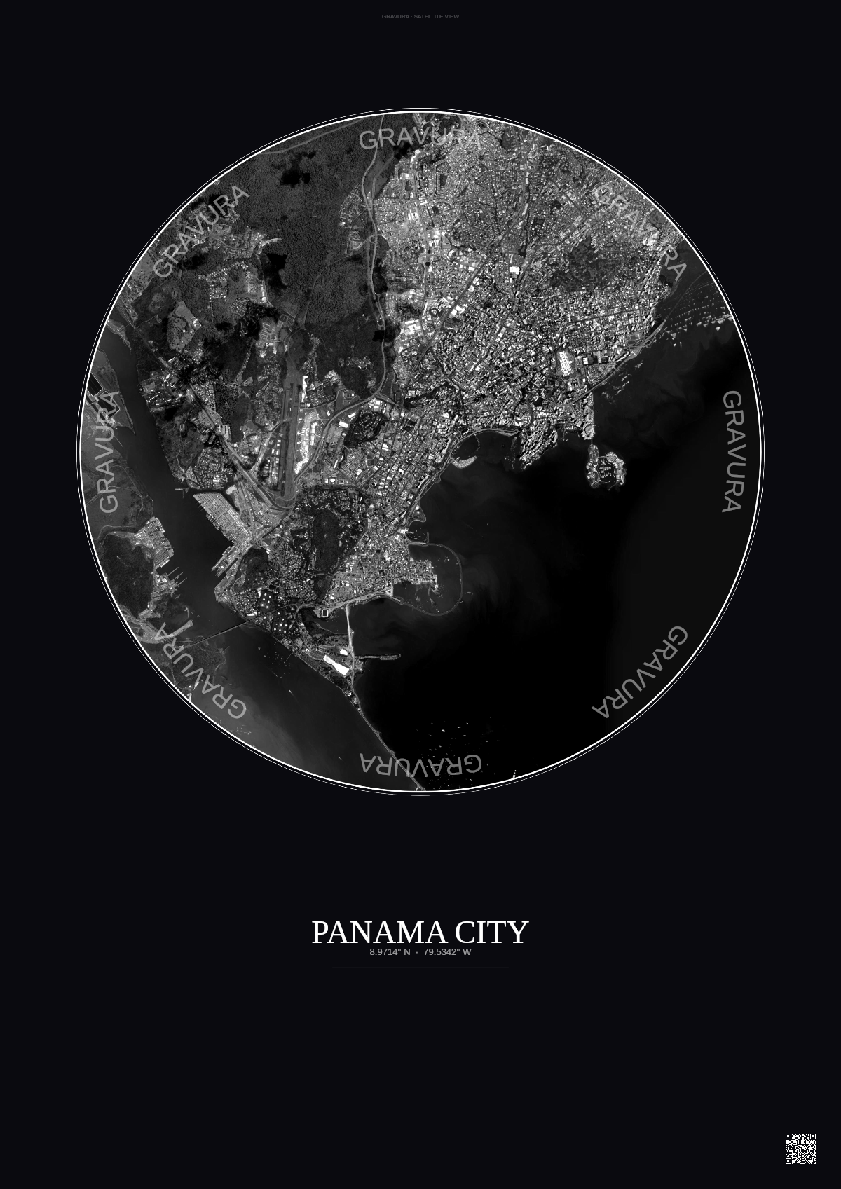 Affiche Panama City – Poster vue satellite | Gravura – Fond foncé