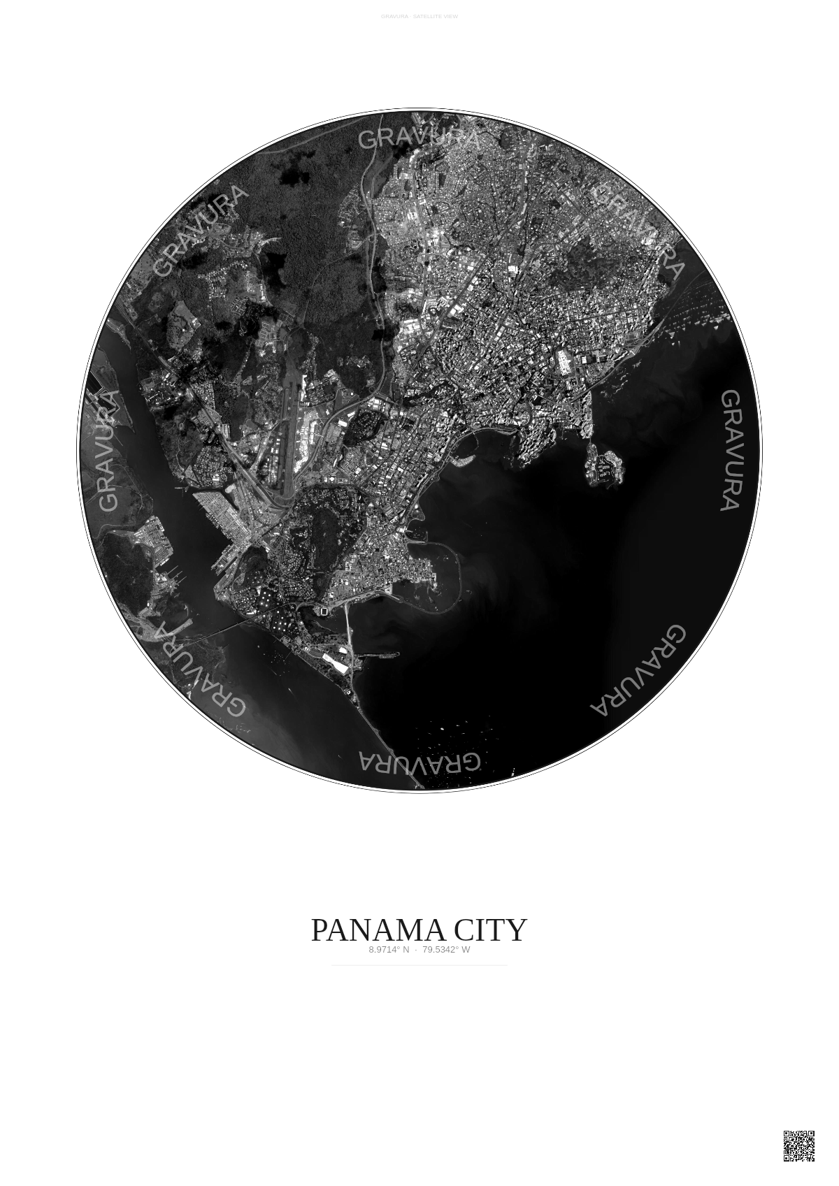 Affiche Panama City – Poster vue satellite | Gravura – Fond clair