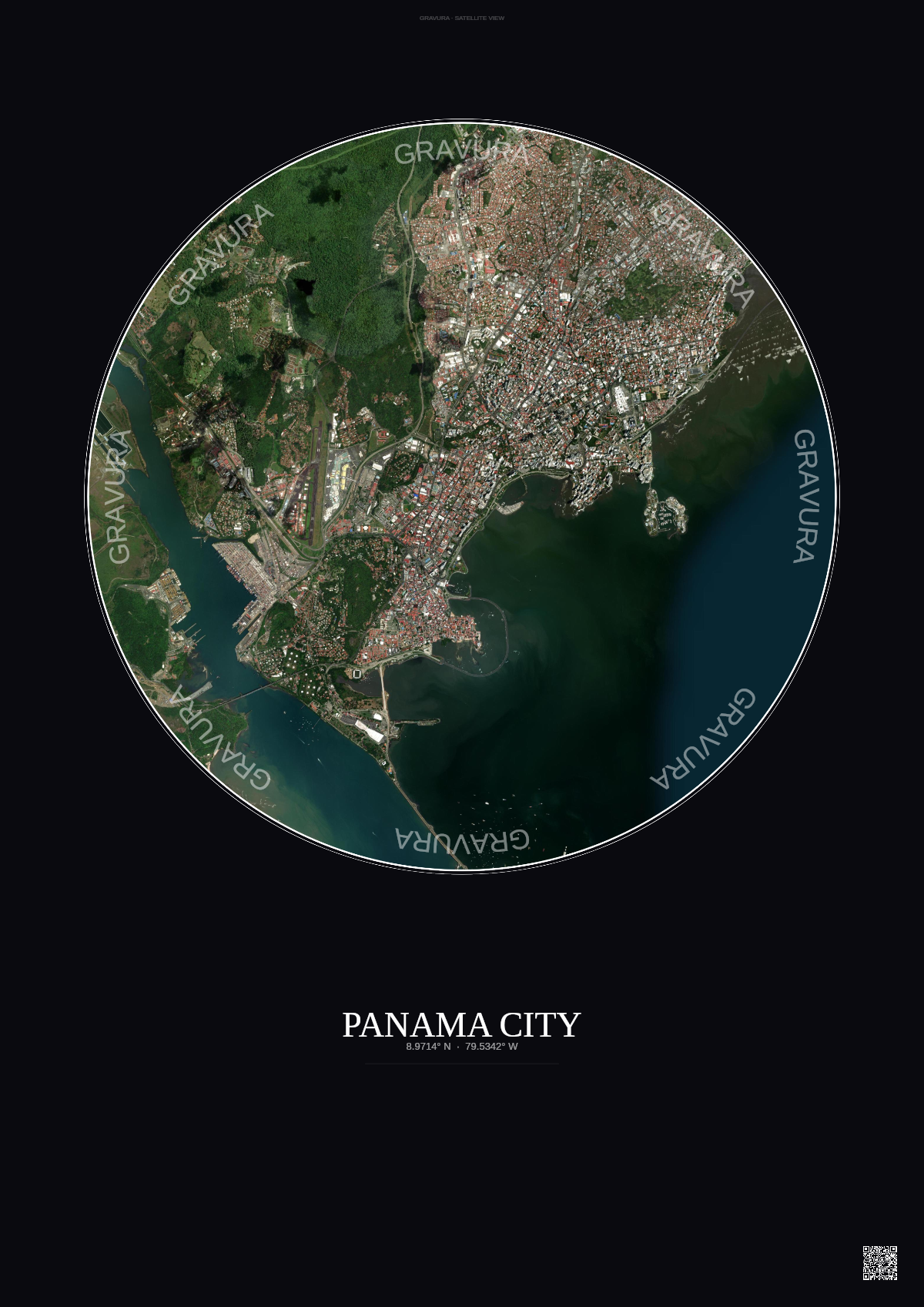 Affiche Panama City – Poster vue satellite | Gravura – Fond foncé