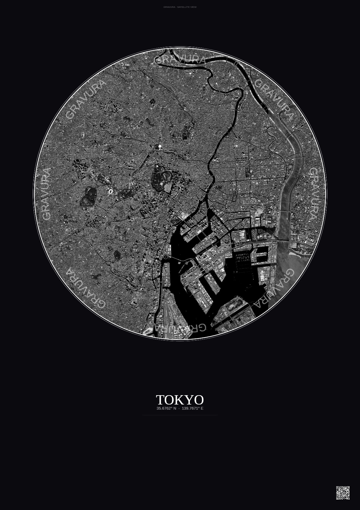 Affiche Tokyo – Poster vue satellite | Gravura – Fond foncé