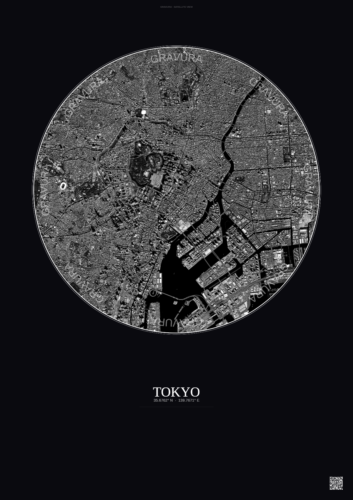 Affiche Tokyo – Poster vue satellite | Gravura – Fond foncé