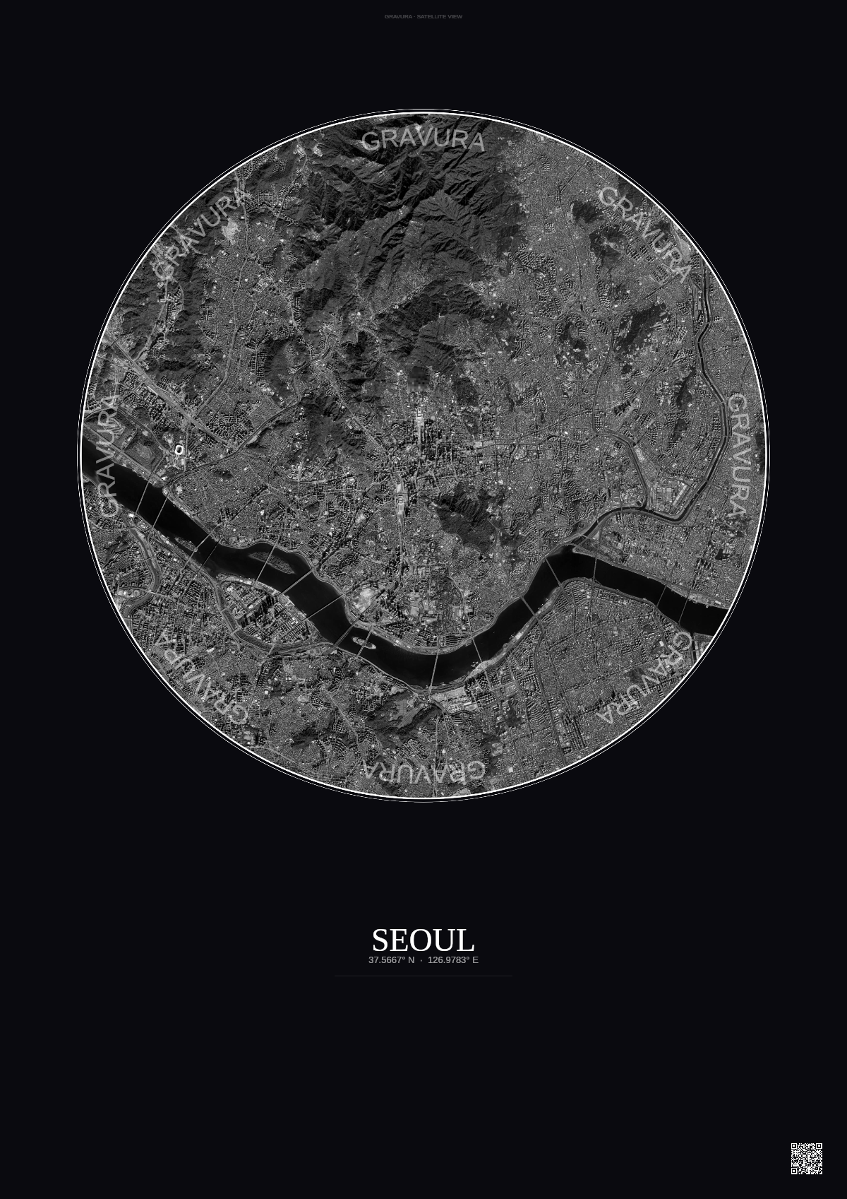 Affiche Seoul – Poster vue satellite | Gravura – Fond foncé