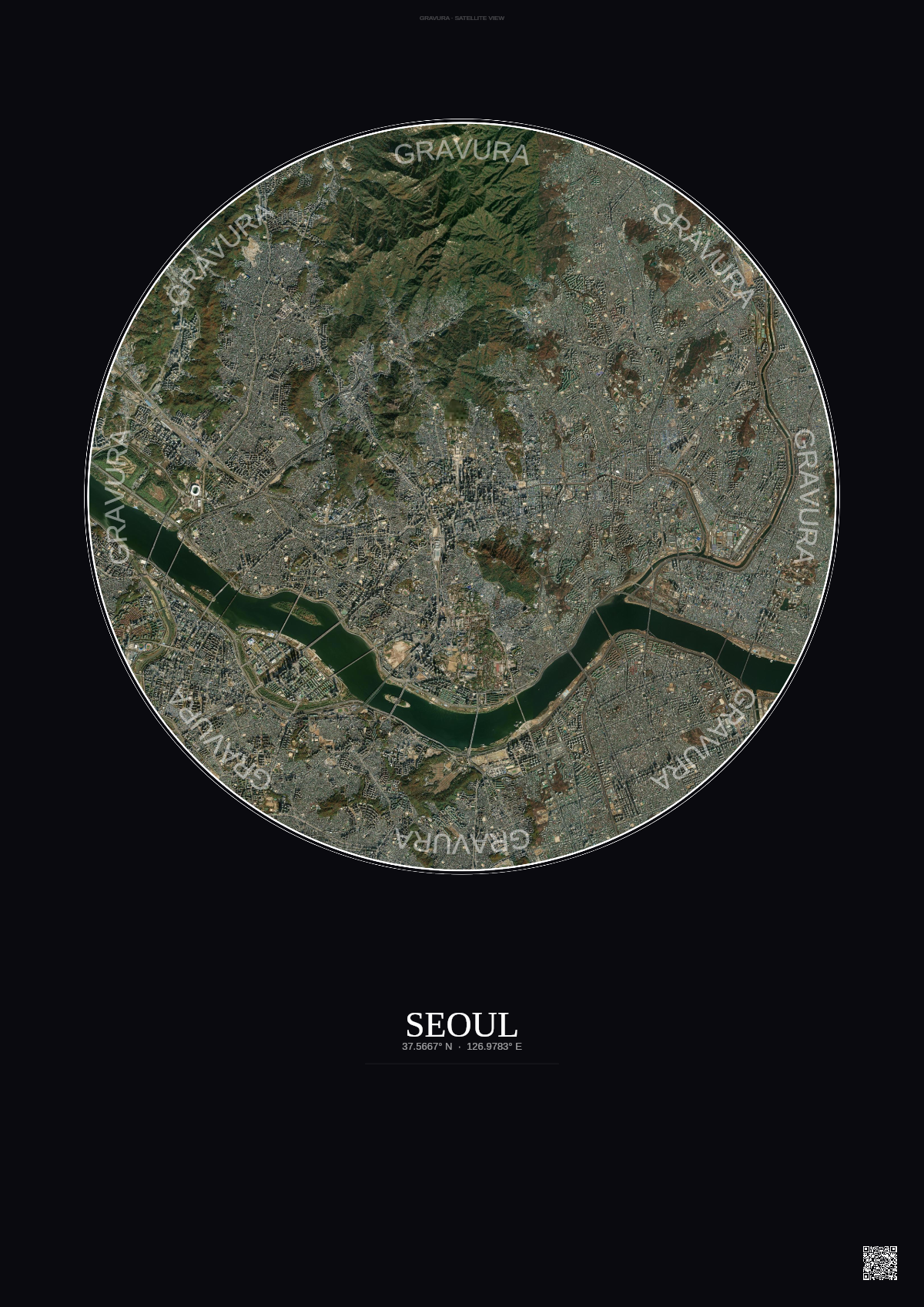 Affiche Seoul – Poster vue satellite | Gravura – Fond foncé