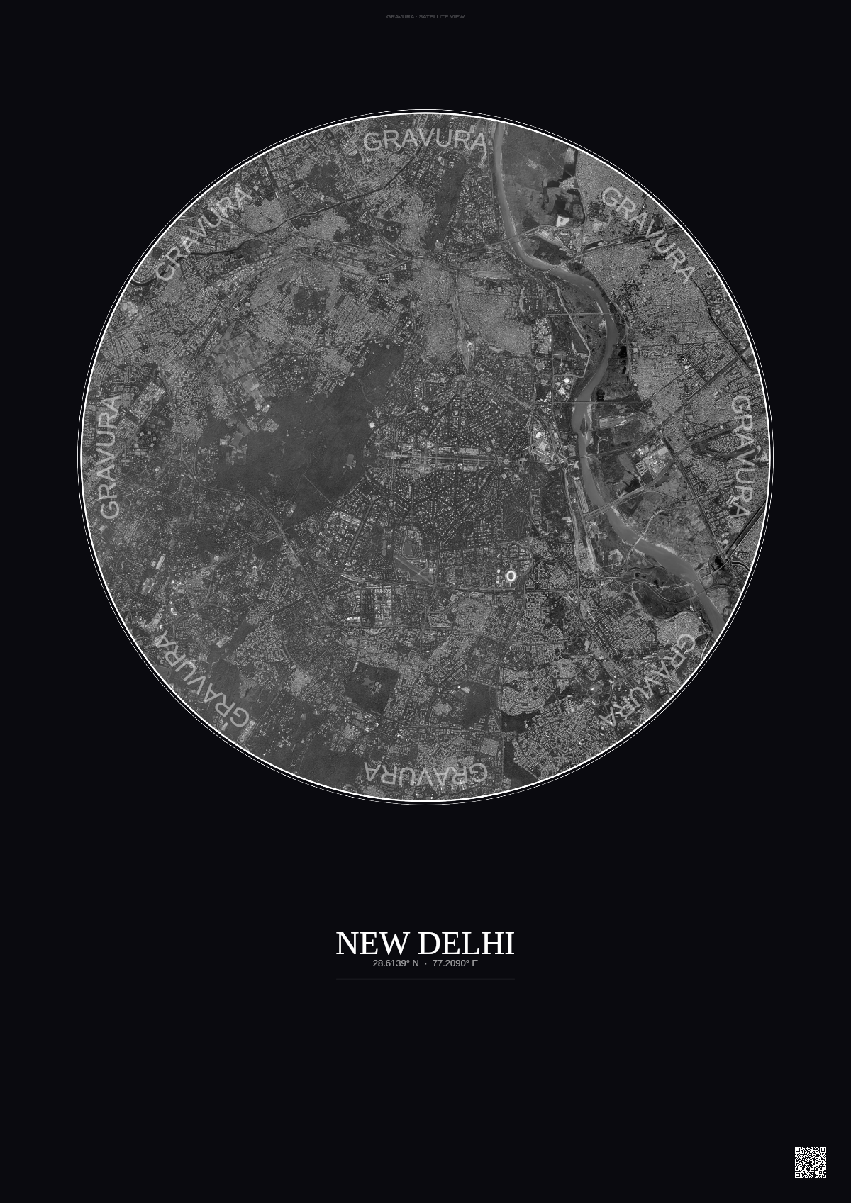 Affiche New Delhi – Poster vue satellite | Gravura – Fond foncé