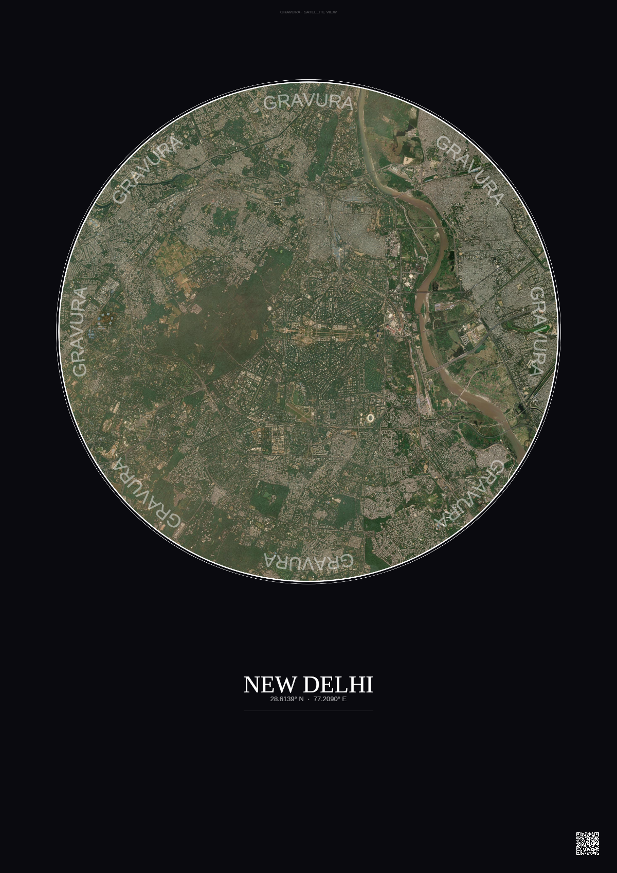 Affiche New Delhi – Poster vue satellite | Gravura – Fond foncé