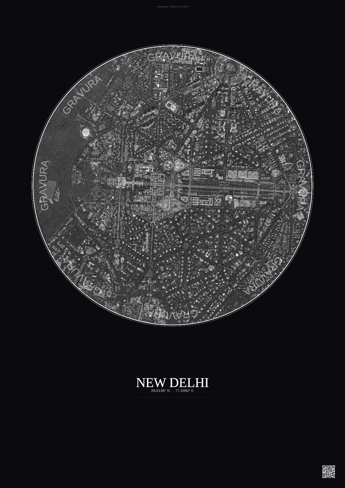 Affiche New Delhi – Poster vue satellite | Gravura – Fond foncé
