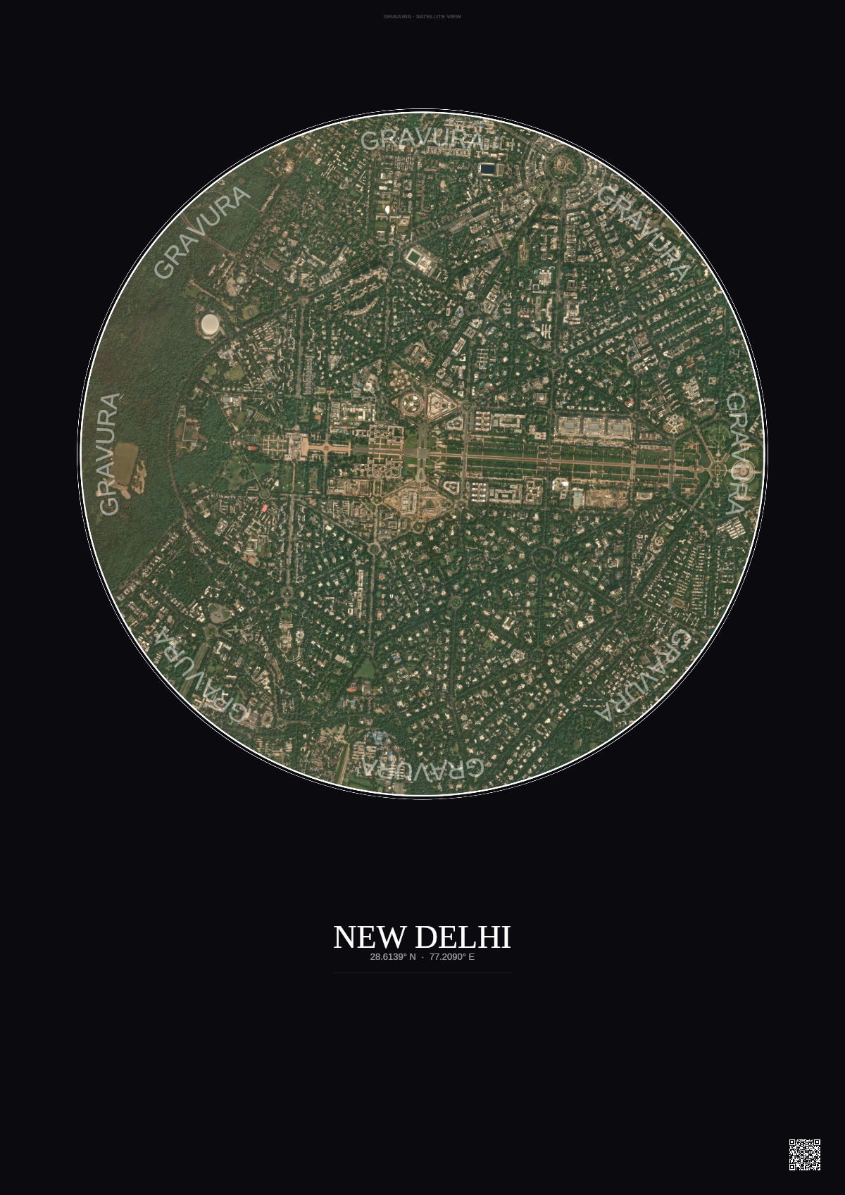 Affiche New Delhi – Poster vue satellite | Gravura – Fond foncé
