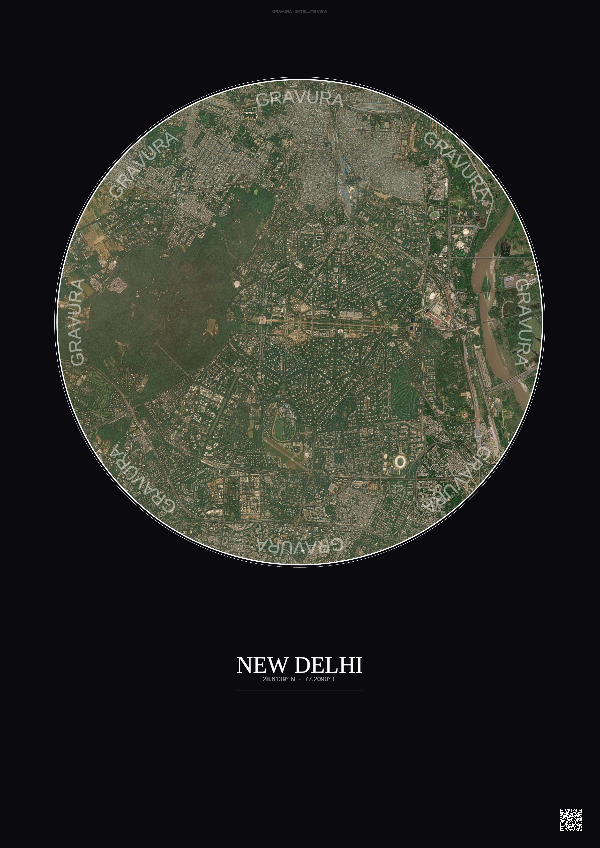 Affiche New Delhi – Poster vue satellite | Gravura – Fond foncé