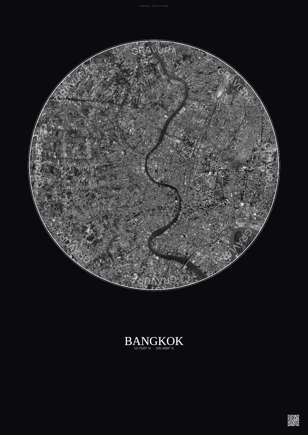 Affiche Bangkok – Poster vue satellite | Gravura – Fond foncé