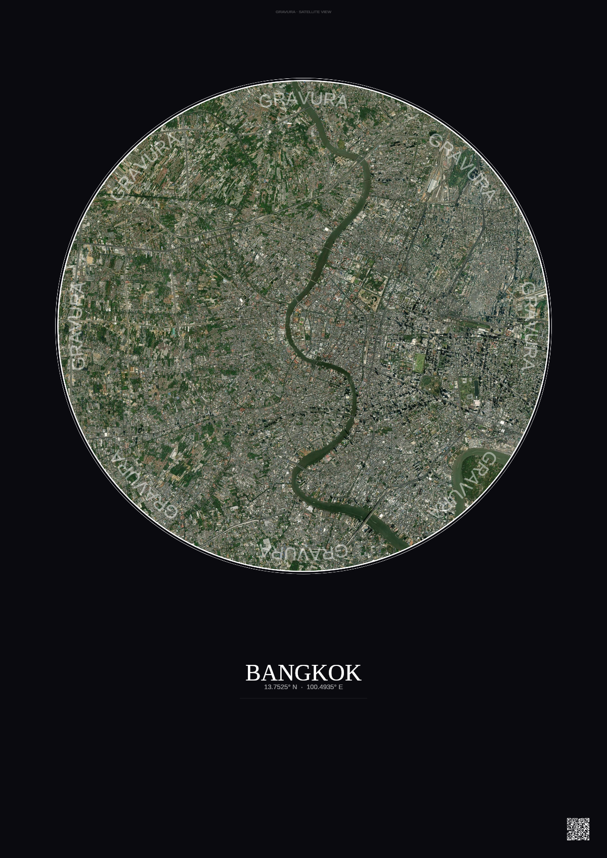 Affiche Bangkok – Poster vue satellite | Gravura – Fond foncé