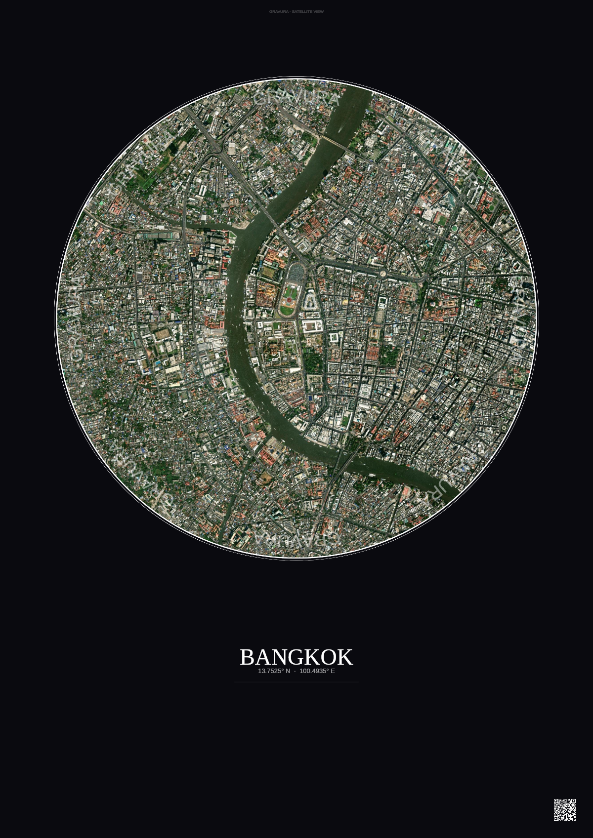 Affiche Bangkok – Poster vue satellite | Gravura – Fond foncé