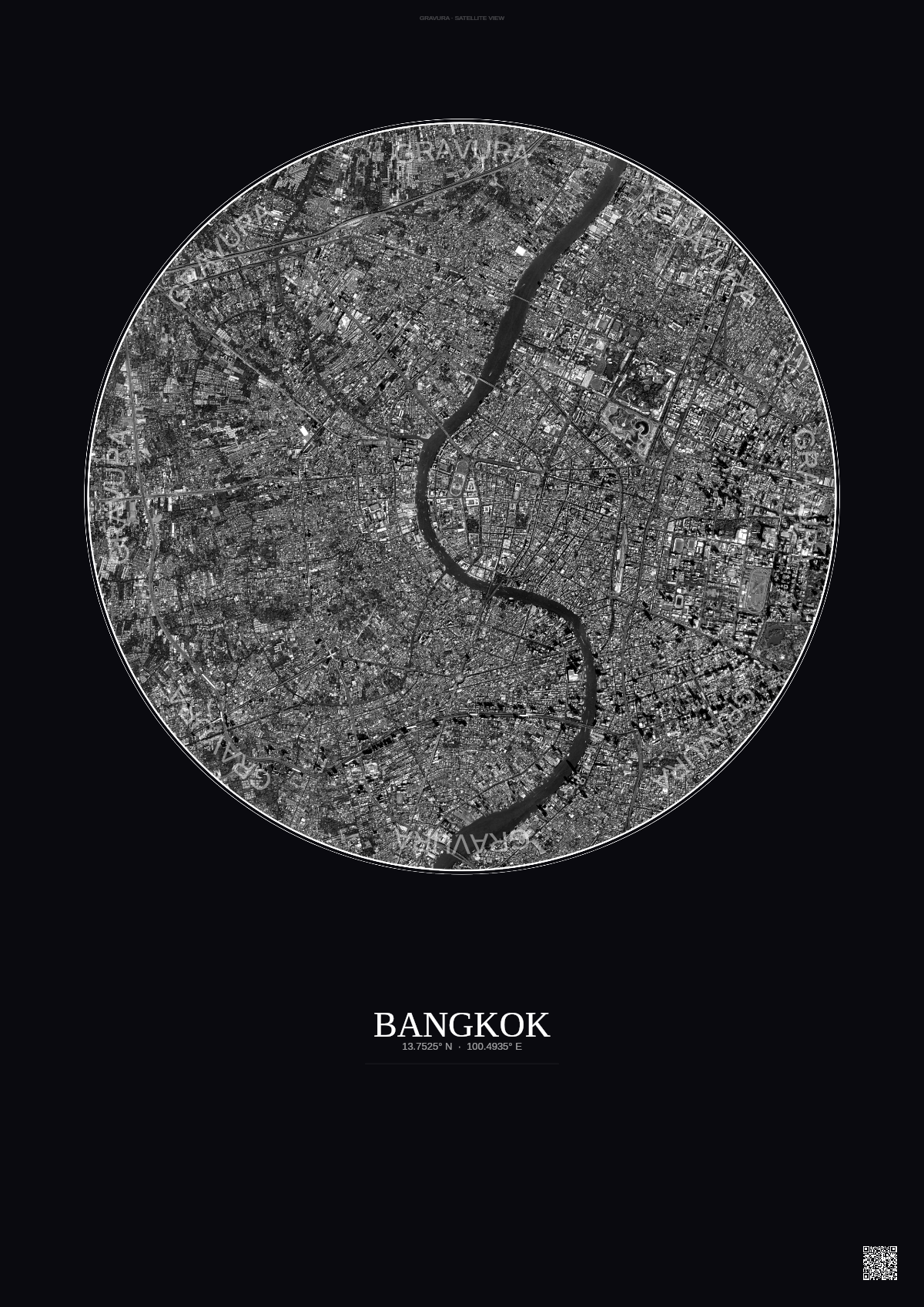 Affiche Bangkok – Poster vue satellite | Gravura – Fond foncé