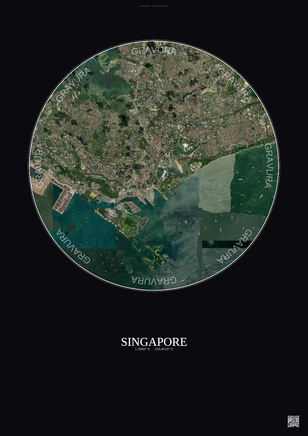 Affiche Singapore – Poster vue satellite | Gravura – Fond foncé