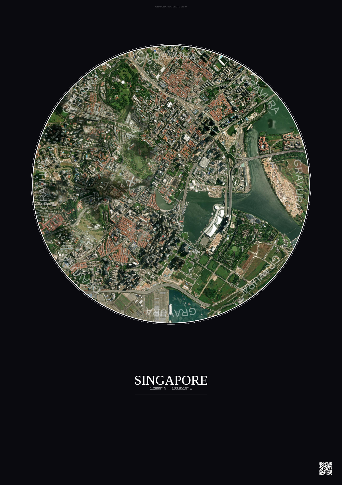 Affiche Singapore – Poster vue satellite | Gravura – Fond foncé