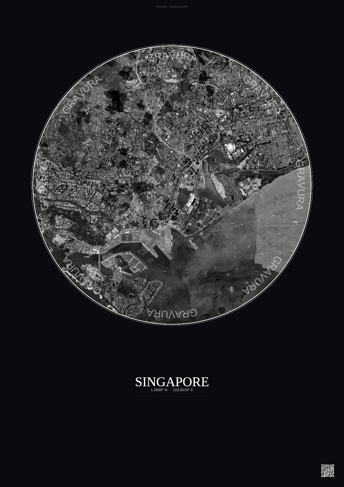 Affiche Singapore – Poster vue satellite | Gravura – Fond foncé