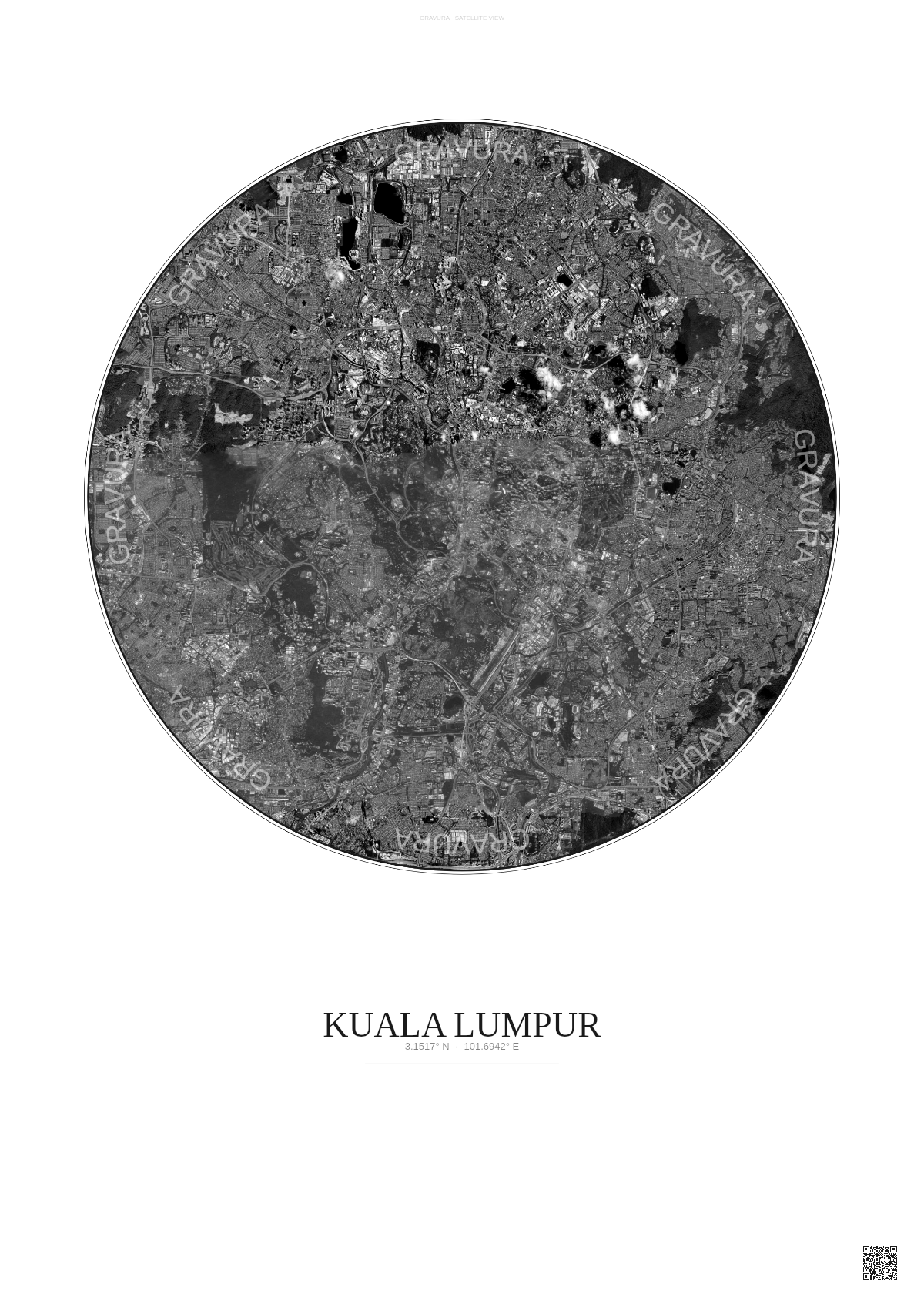 Affiche Kuala Lumpur – Poster vue satellite | Gravura – Fond clair