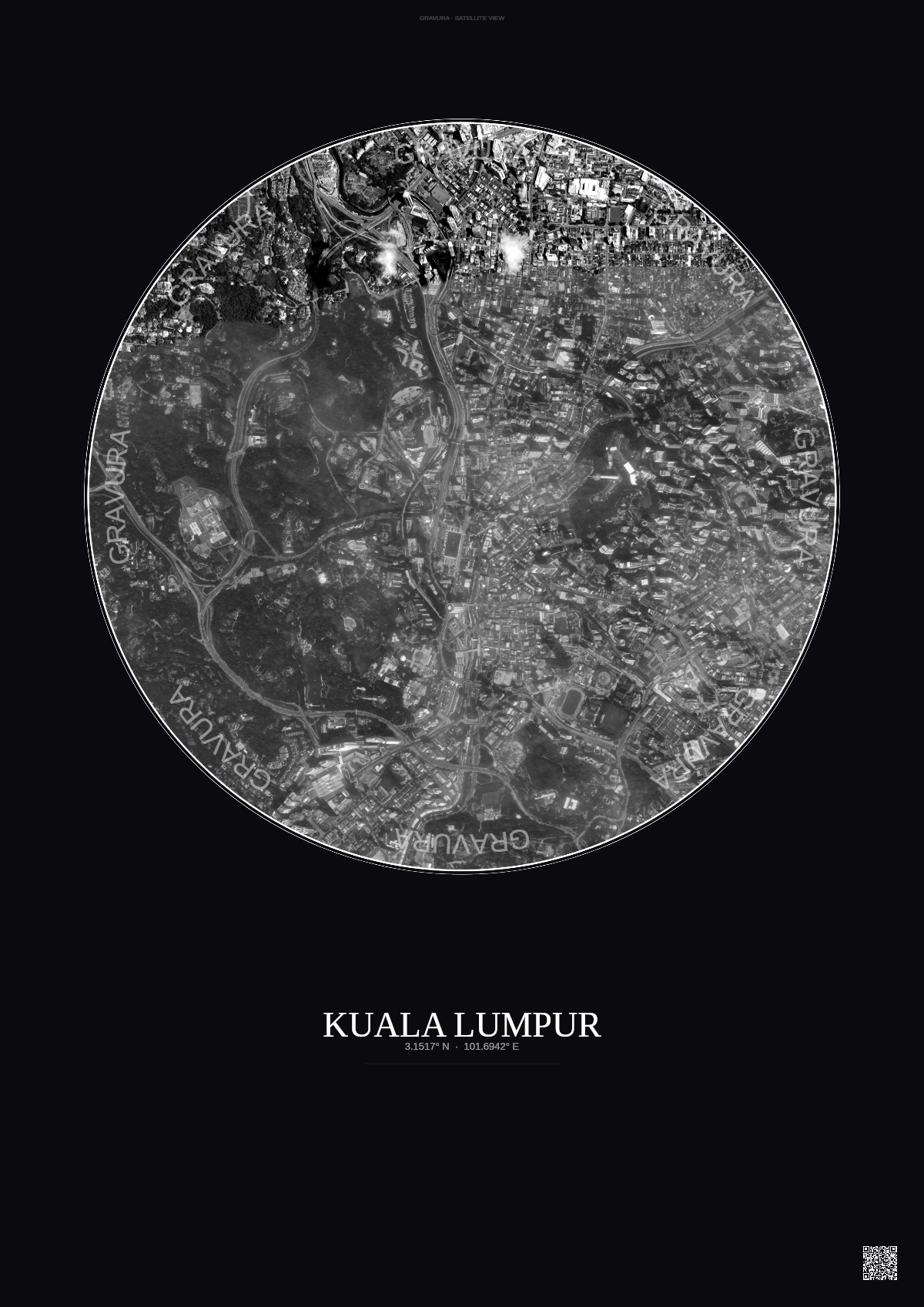 Affiche Kuala Lumpur – Poster vue satellite | Gravura – Fond foncé