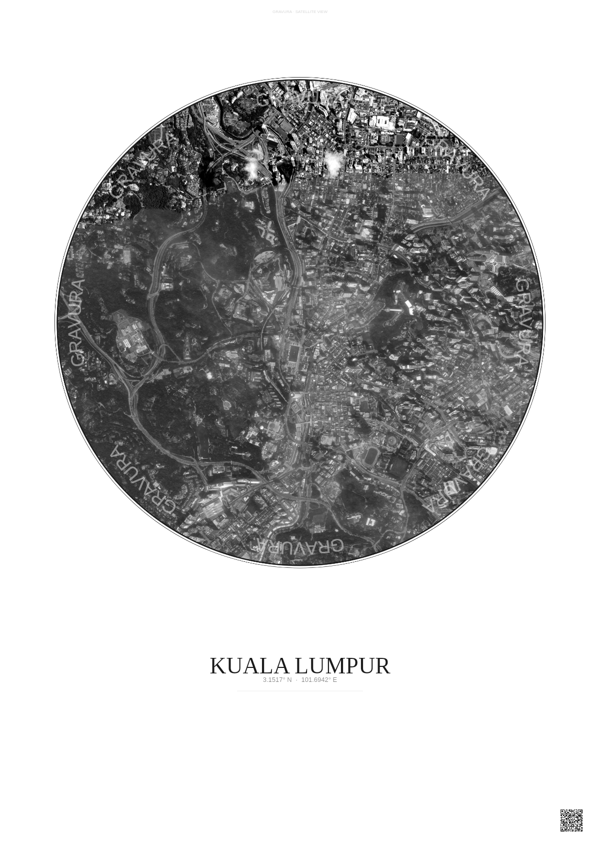 Affiche Kuala Lumpur – Poster vue satellite | Gravura – Fond clair