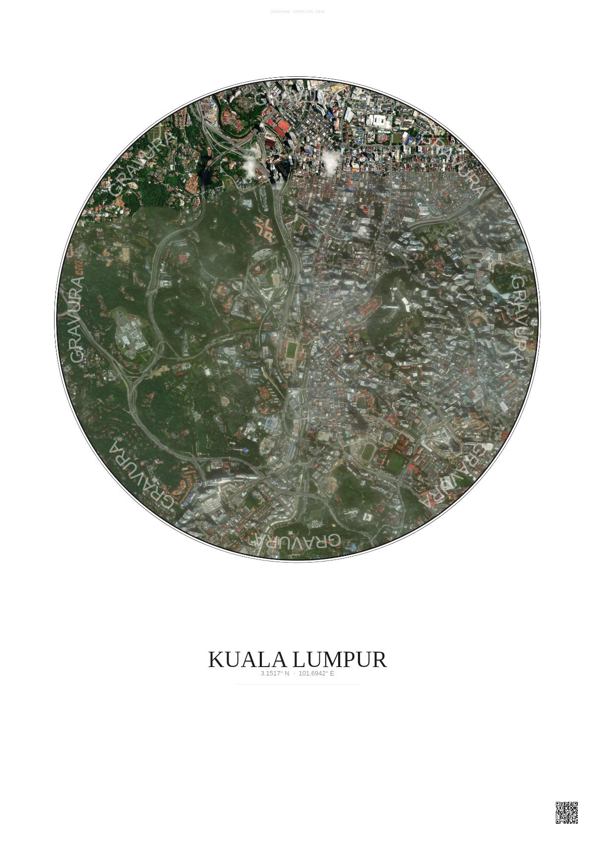 Affiche Kuala Lumpur – Poster vue satellite | Gravura – Fond clair