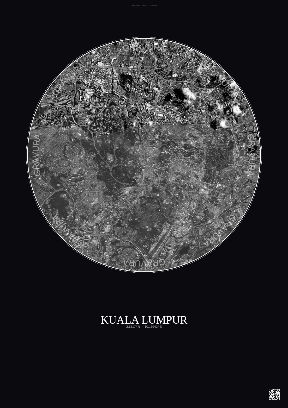 Affiche Kuala Lumpur – Poster vue satellite | Gravura – Fond foncé