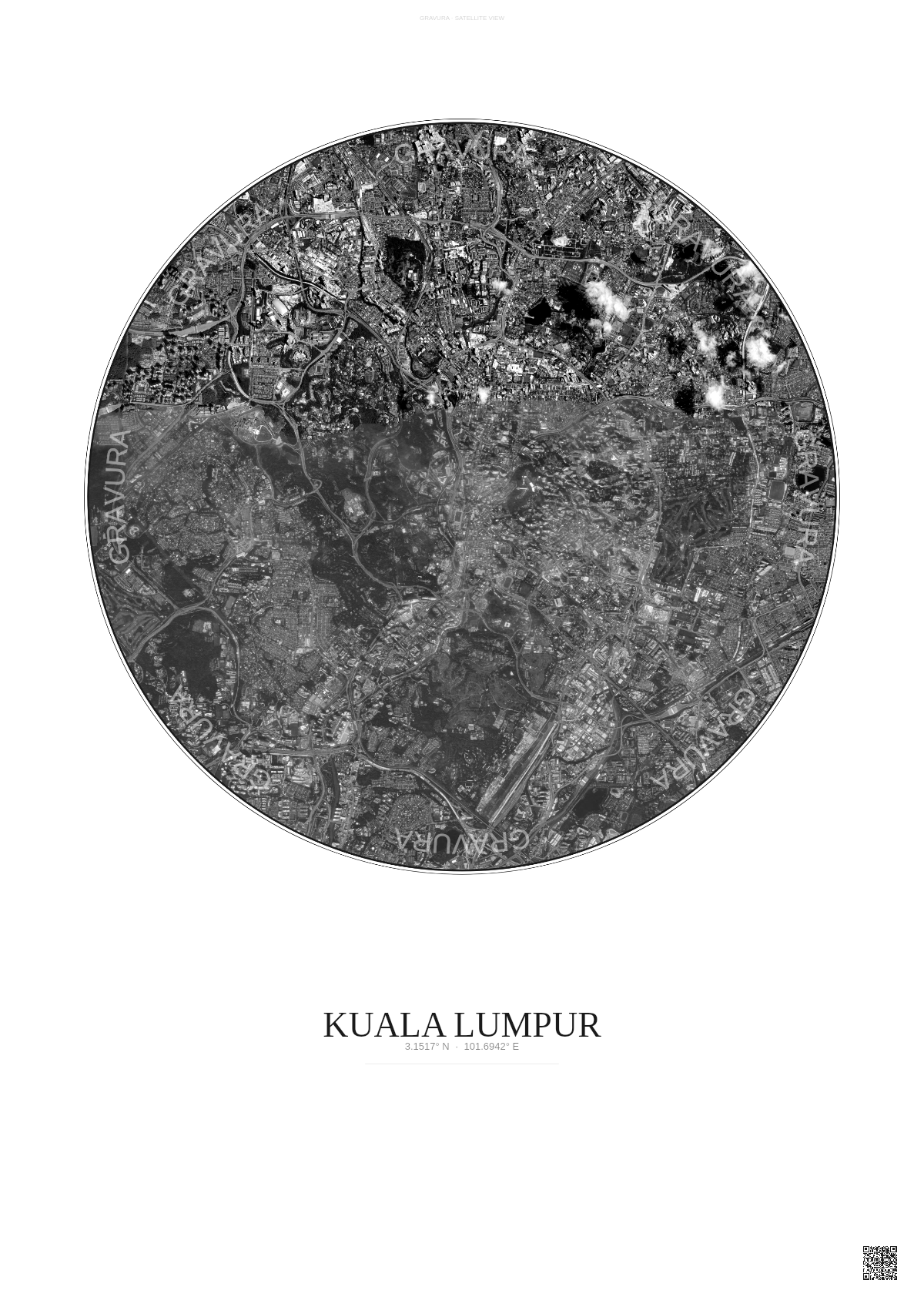 Affiche Kuala Lumpur – Poster vue satellite | Gravura – Fond clair