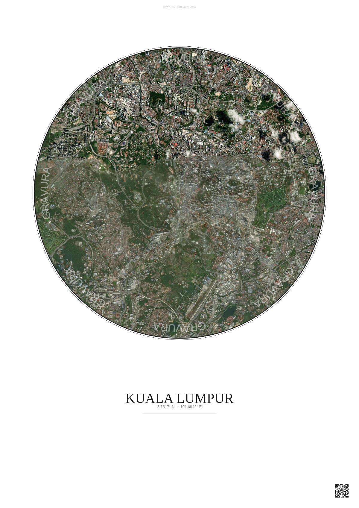 Affiche Kuala Lumpur – Poster vue satellite | Gravura – Fond clair