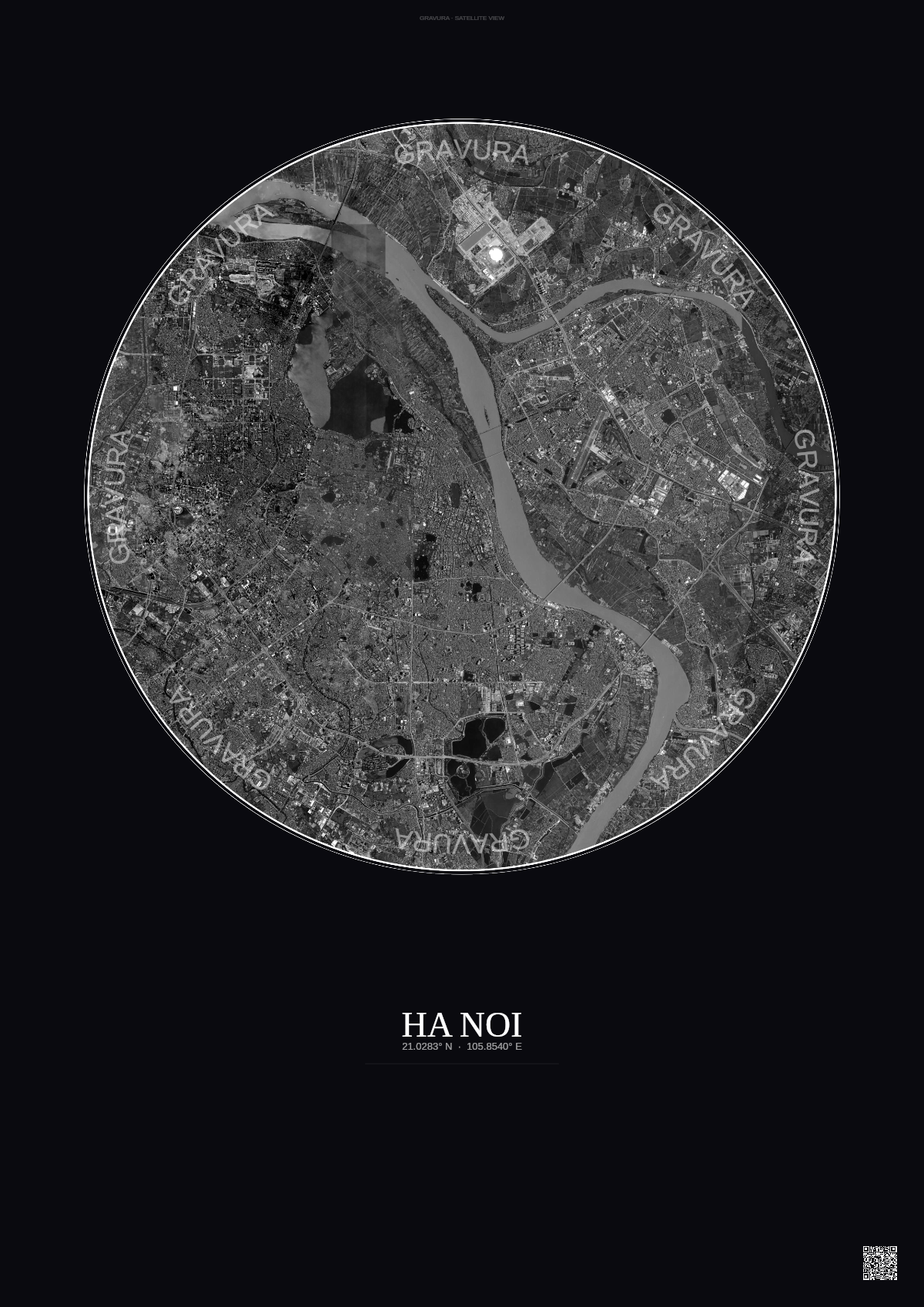 Affiche Ha Noi – Poster vue satellite | Gravura – Fond foncé