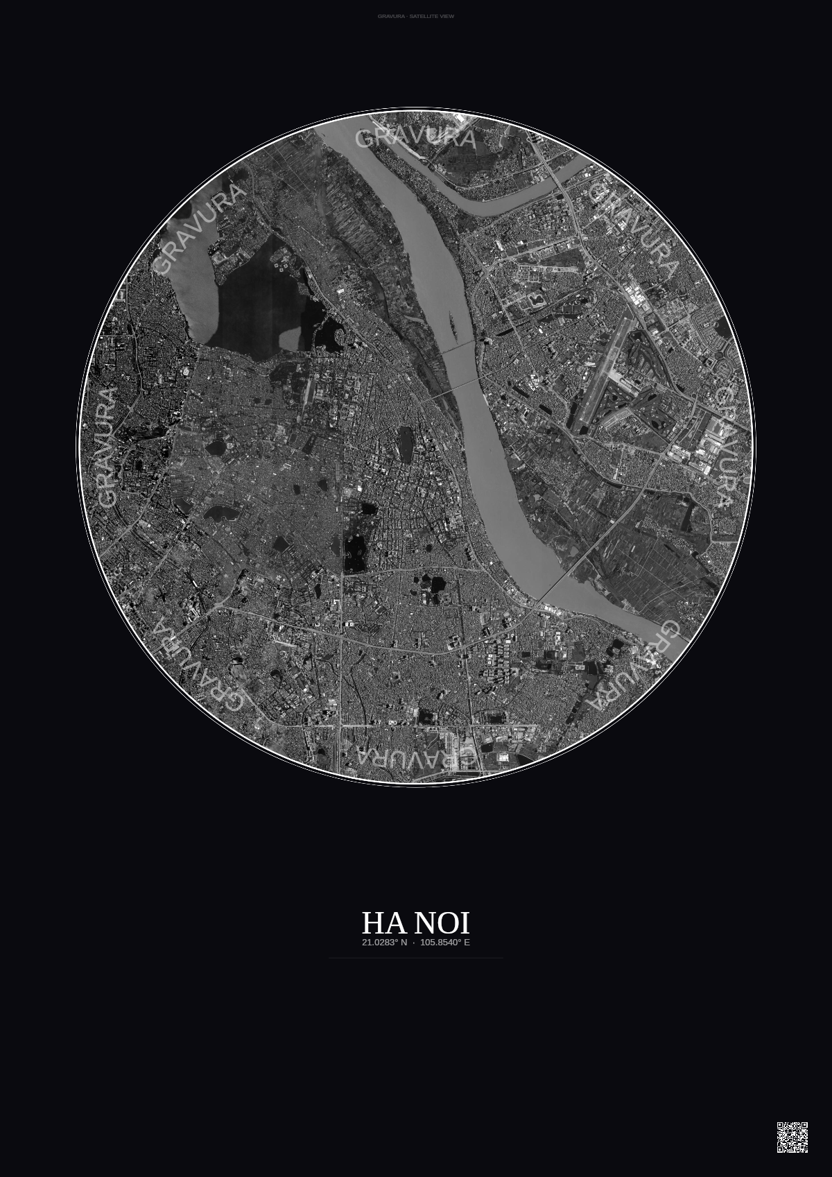 Affiche Ha Noi – Poster vue satellite | Gravura – Fond foncé