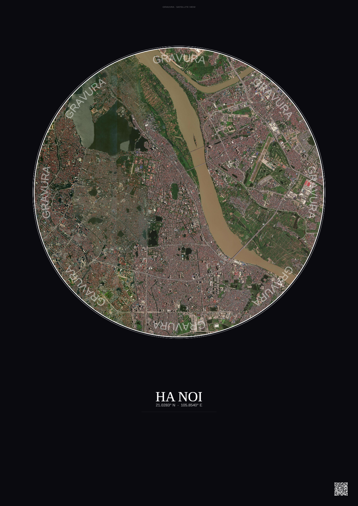 Affiche Ha Noi – Poster vue satellite | Gravura – Fond foncé