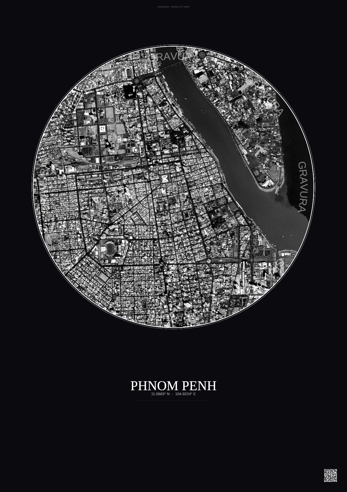 Affiche Phnom Penh – Poster vue satellite | Gravura – Fond foncé