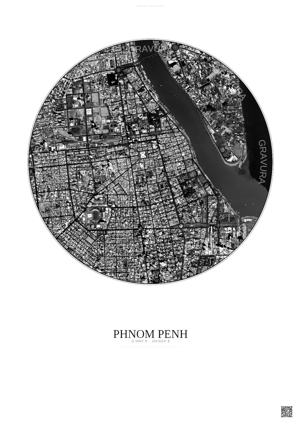 Affiche Phnom Penh – Poster vue satellite | Gravura – Fond clair