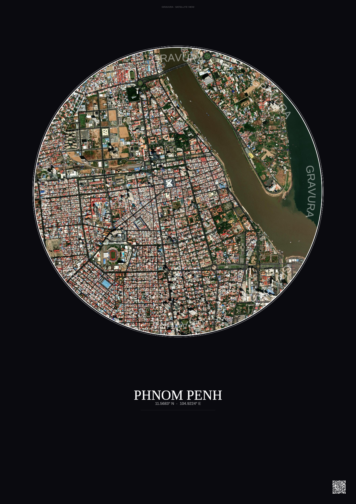 Affiche Phnom Penh – Poster vue satellite | Gravura – Fond foncé