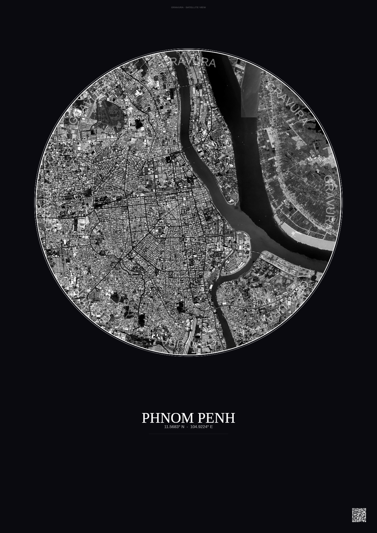 Affiche Phnom Penh – Poster vue satellite | Gravura – Fond foncé