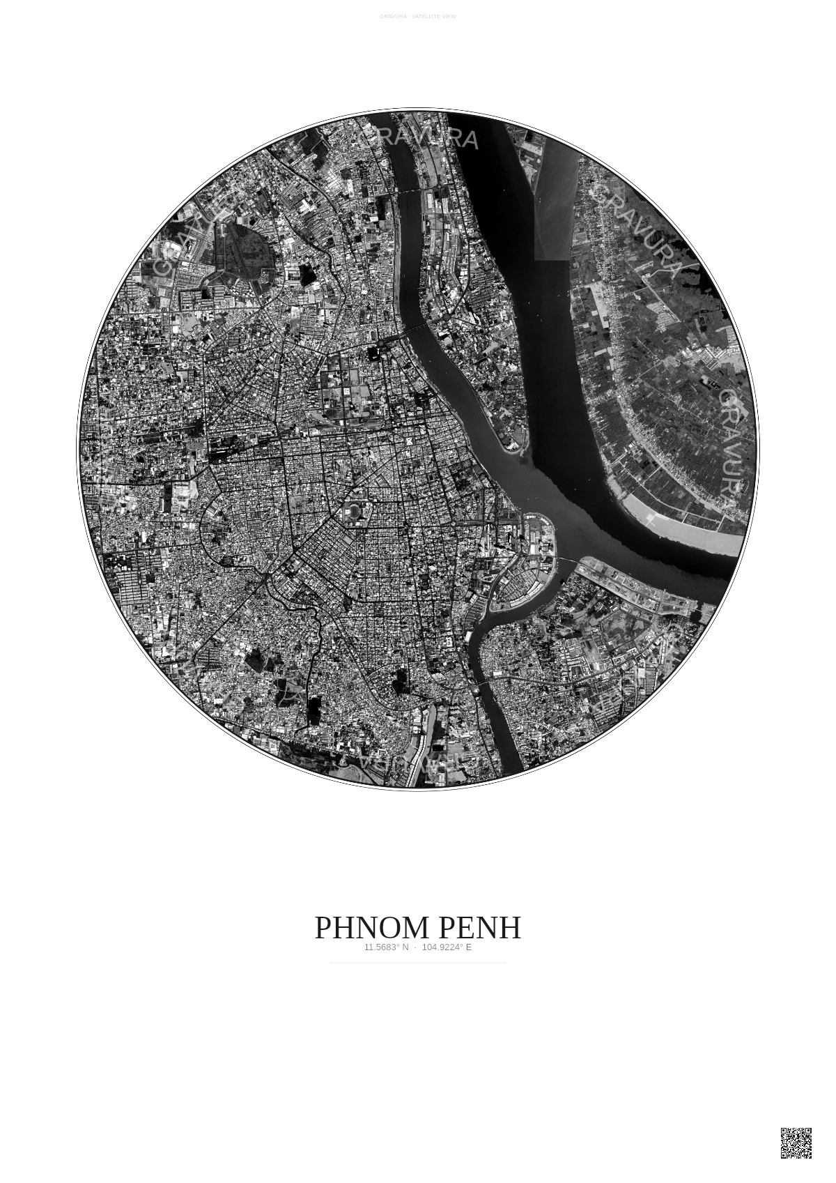 Affiche Phnom Penh – Poster vue satellite | Gravura – Fond clair